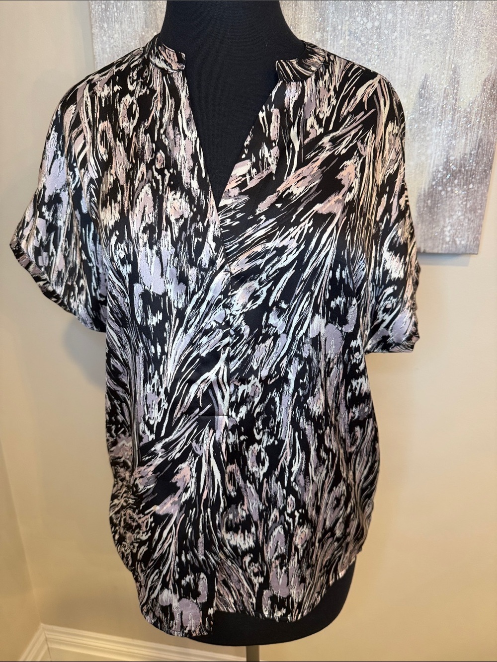 LOVESTITCH Black & Light Pink Abstract Print Surplice Blouse size small